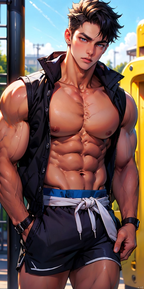 masterpiece, handsome teenager, (huge pecs), detailed eyes, solo, (abs), sleeveless jacket, collarbone,short hair,slim,(narrow waist),shorts,(obliques),muscular,in the playground, Wriothesley,upper body,thick thighs,side mirror