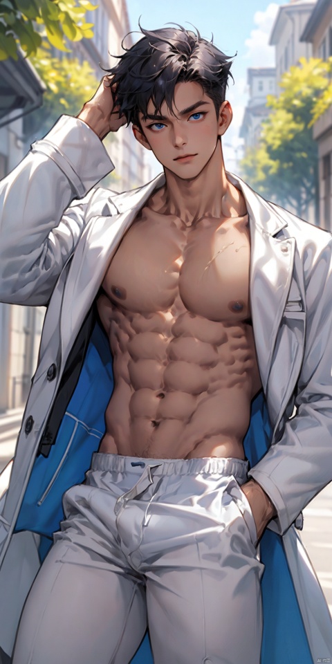 solo, looking at viewer, short hair, blue eyes, male focus, thick arms, bara, large pectorals,obliques,leotard under clothes,(white coat), white shorts,collarbone, (unbuttoned), niji5,outdoors, fu