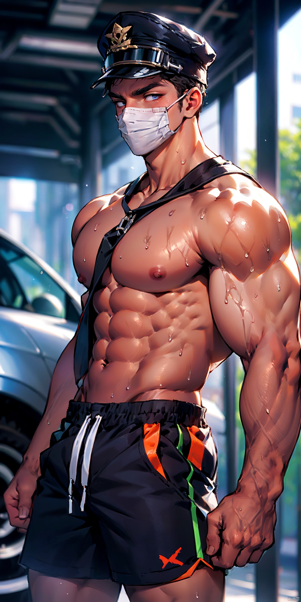 masterpiece, handsome teenager, (huge pecs), detailed eyes, solo, (abs), topless, collarbone,short hair, slim, (narrow waist), shorts, (obliques), muscular, sweaty, goggles, upper body,black peaked cap,black mouth mask,side mirror, niji5