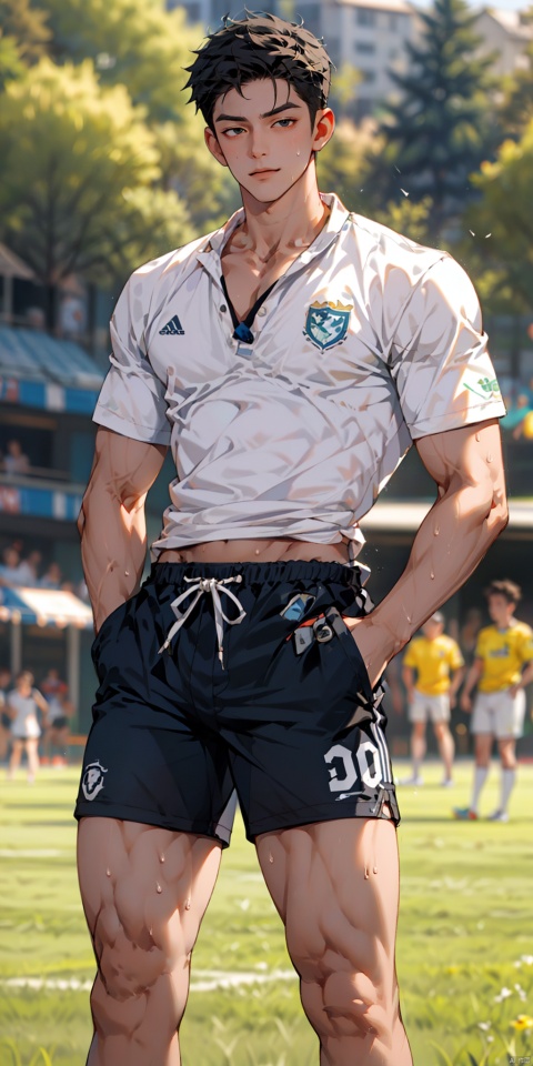  solo, looking at viewer,big eyes, black hair, 1boy, male focus, (large pectorals),thick arms, cropped shirt,(unbuttoned), shorts, hands in pockets, long legs, (thick thighs), sweat,soccer field, wide hips, (low neckline), collarbone, sboe