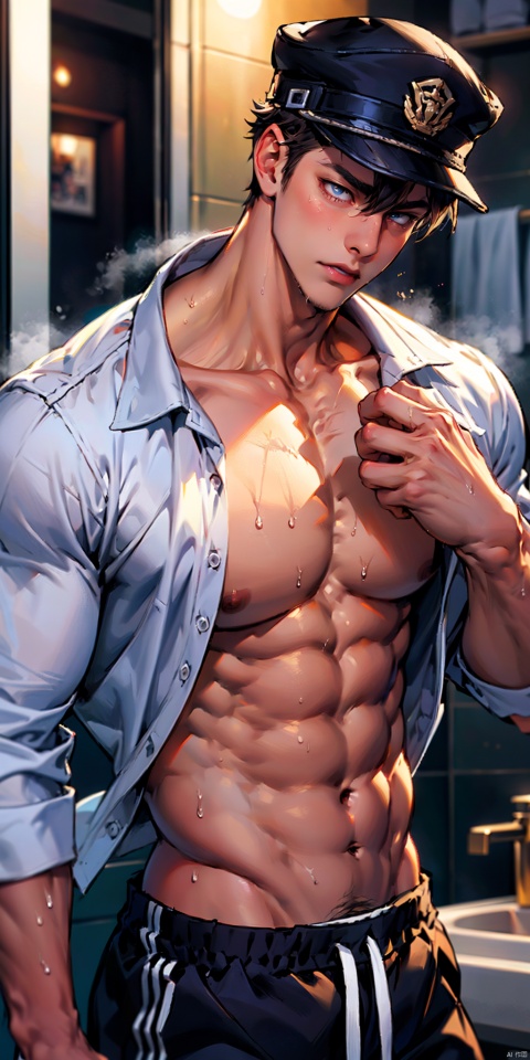  masterpiece, handsome teenager, (huge pecs), detailed eyes, solo, (abs), white shirt, collarbone, slim,(narrow waist), shorts,(obliques), muscular, bathroom, sweaty, Wriothesley, upper body,side mirror,peaked cap
