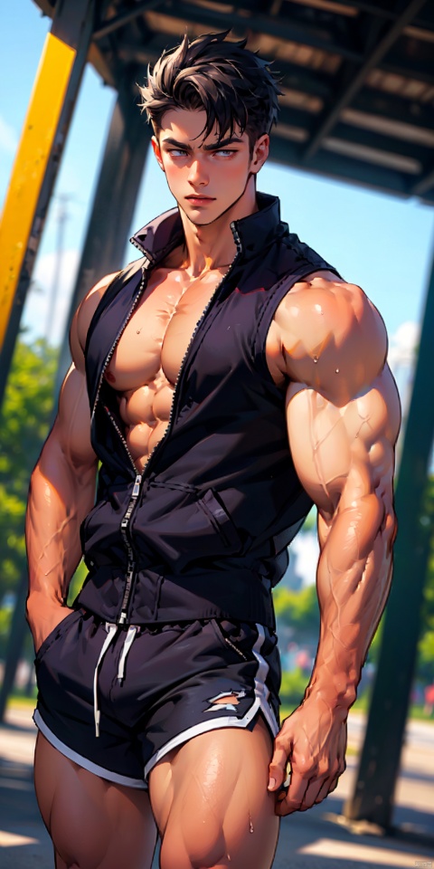 masterpiece, handsome teenager, (huge pecs), detailed eyes, solo, (abs), sleeveless jacket, collarbone,short hair,slim,(narrow waist),shorts,(obliques),muscular,in the playground, Wriothesley,upper body,thick thighs,dutch angle