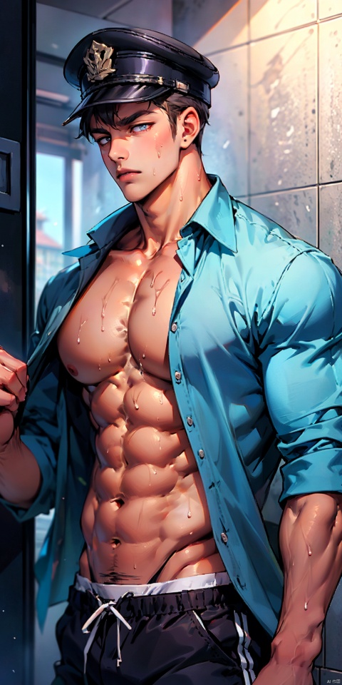  masterpiece, handsome teenager, (huge pecs), detailed eyes, solo, abs, open shirt, collarbone, slim,(narrow waist), shorts,(obliques), muscular, bathroom, sweaty, Wriothesley, upper body,side mirror,peaked cap