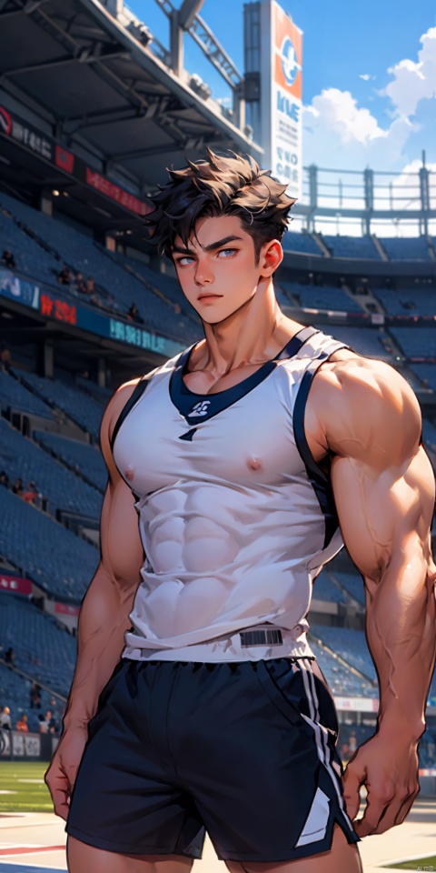  masterpiece, handsome teenager, huge pecs, detailed eyes, solo, sleeveless gym shirt,low neckline, collarbone, slim, (large pectorals), thick thighs, narrow waist,obliques, shorts,stadium, upper body, Wriothesley, niji5, fu