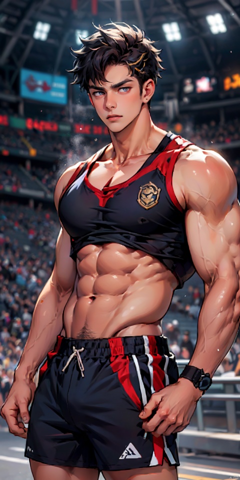  masterpiece, handsome teenager, huge pecs, detailed eyes, solo, sleeveless gym shirt,low neckline, collarbone, slim, (large pectorals), narrow waist,obliques, booty_shorts,stadium, upper body, fu,Wriothesley,