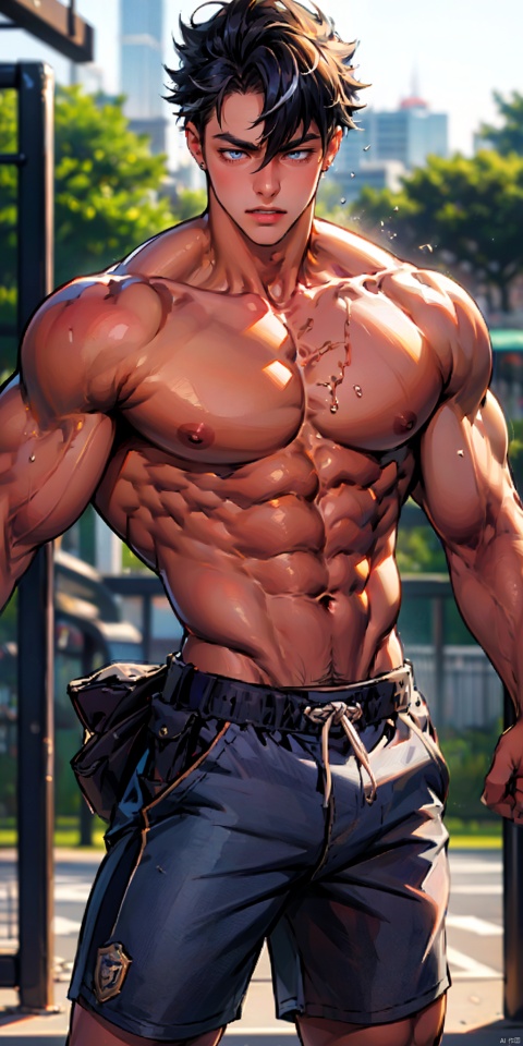 masterpiece, handsome teenager, (huge pecs), detailed eyes, solo, (abs), police uniform, collarbone,short hair,slim,(narrow waist),shorts,(obliques),muscular,in the playground, Wriothesley,