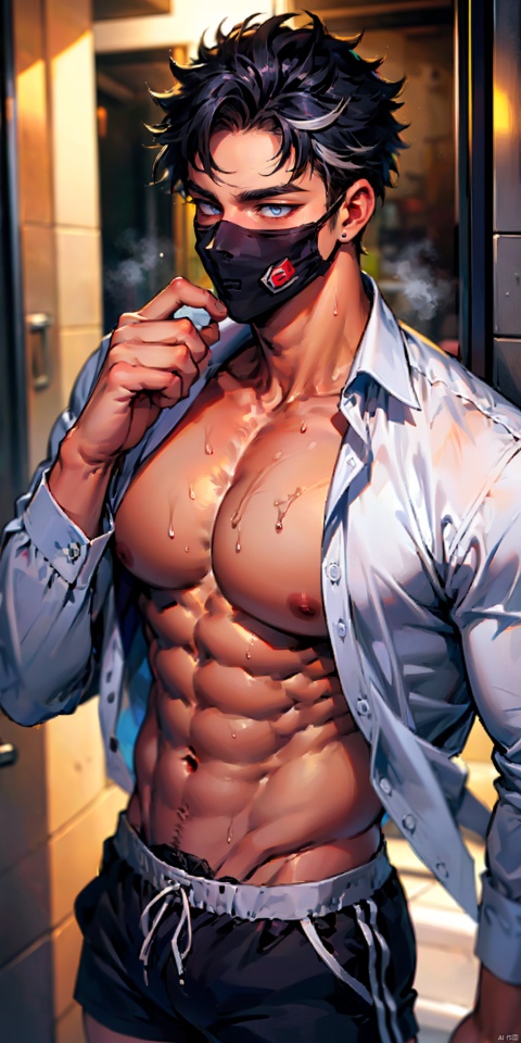  masterpiece, handsome teenager, (huge pecs), detailed eyes, solo, abs, white open shirt, collarbone, slim,(narrow waist), shorts,(obliques), muscular, bathroom, sweaty, Wriothesley, upper body,side mirror, black mouth mask,