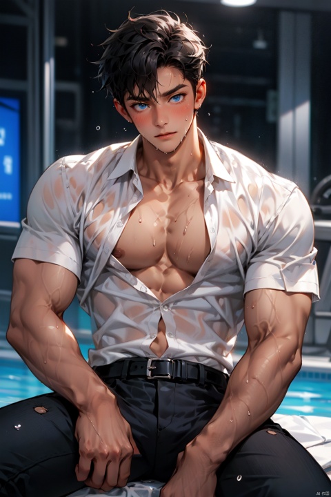 solo, looking at viewer, blush, short hair, blue eyes, 1boy, sitting, closed mouth, white shirt, male focus, sweat, collared shirt, belt, black pants, pectorals, muscular male, bara, large pectorals, wet shirt, unbuttoned, pectoral cleavage, fu