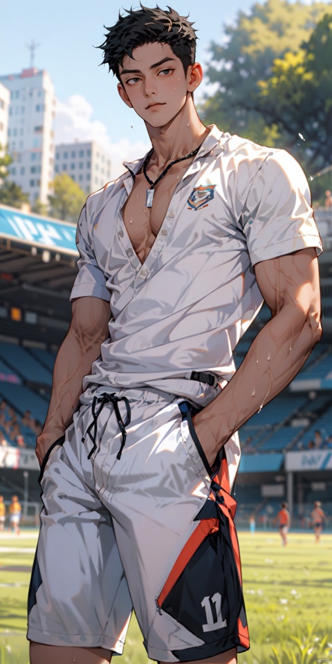  solo, looking at viewer,big eyes, black hair, 1boy, male focus, abs,(large pectorals),thick arms, cropped shirt,(unbuttoned), shorts, hands in pockets,long legs,thick thighs, sweat,soccer field, (wide hips), (low neckline), collarbone, sboe