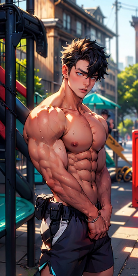 masterpiece, handsome teenager, (huge pecs), detailed eyes, solo, (abs), police uniform, collarbone,short hair,slim,(narrow waist),shorts,(obliques),muscular,in the playground, Wriothesley