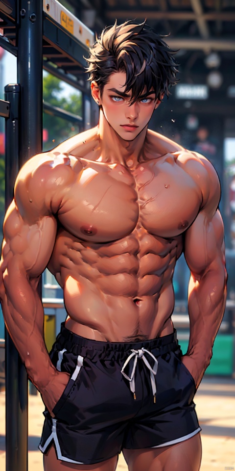 masterpiece, handsome teenager, (huge pecs), detailed eyes, solo, (abs), topless, collarbone,short hair,slim,(narrow waist),shorts,(obliques),muscular,in the playground, Wriothesley,upper body,thick thighs