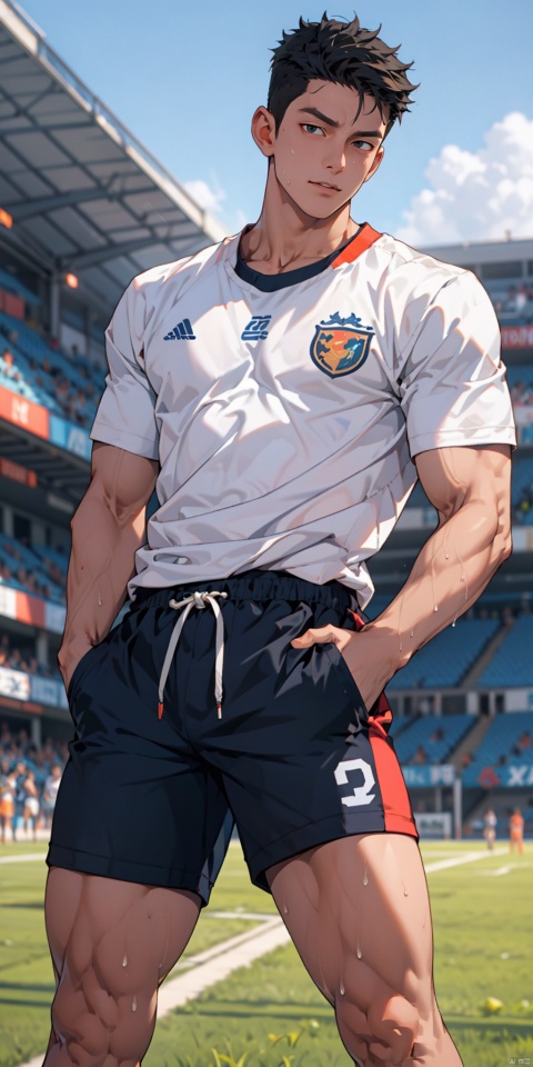  solo, looking at viewer,big eyes, black hair, 1boy, male focus, (large pectorals),thick arms, cropped shirt,(unbuttoned), shorts, hands in pockets,long legs,thick thighs, sweat,soccer field, (wide hips), (low neckline), collarbone, sboe