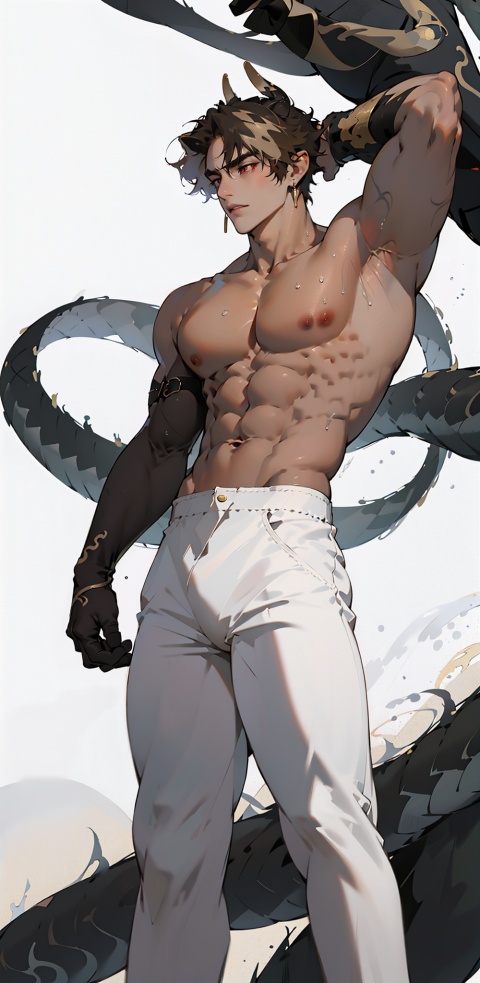 chongyue,zhongyue,earrings,red eyes,gloves,jewelry,brown hair,juvenile,  white pants,one boy, short hair,white leggings,fu,standing,(big pecs),(abdominal),detailed face,(solo),detailed eyes, Perfect features,narrow waist, thick thighs, Droop your hands naturally,no top,no clothes,(thick biceps)