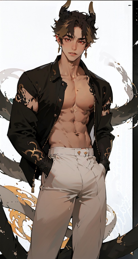  chongyue,zhongyue,earrings,red eyes,gloves,jewelry,brown hair,juvenile, white pants,one boy, short hair,white leggings,fu,standing,(big pecs),abdominal,detailed face,(solo),detailed eyes, Perfect features,narrow waist, thick thighs, Droop your hands naturally,no top,no clothes,(very thick biceps),4rmorbre4k,SaSangAAA,Men's underwear