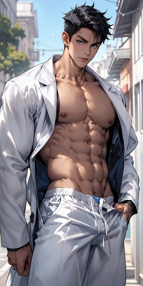 solo, looking at viewer, black hair, blue eyes, male focus, thick arms, bara, large pectorals,obliques,(taut underwear),white coat, white shorts,collarbone, unbuttoned, niji5,outdoors, fu