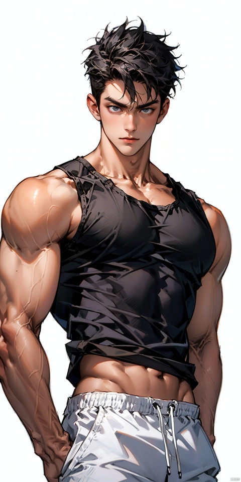  solo, looking at viewer, 1boy, white background, upper body, male focus,(large pectorals),muscular,thick arms,(black tank top),(covered abs),collarbone,obliques,white shorts,(hands on hips),:>