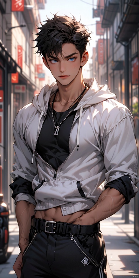 solo, looking at viewer, short hair, blue eyes, male focus, thick arms, bara, (large pectorals),obliques,black hoodie, black shorts,belt,low neckline, (unbuttoned), niji5,outdoors, midjourney portrait, fu