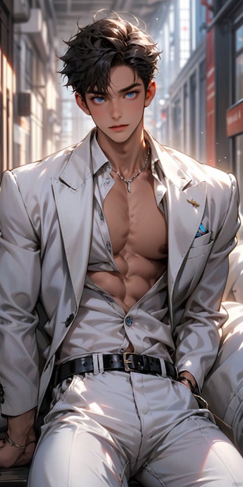 solo, looking at viewer, short hair, blue eyes, 1boy, male focus, thick arms, bara, (large pectorals),thick thighs,white dress suit, white pants,belt,low neckline,(unbuttoned), fu, niji5,sunlight, midjourney portrait,sitting