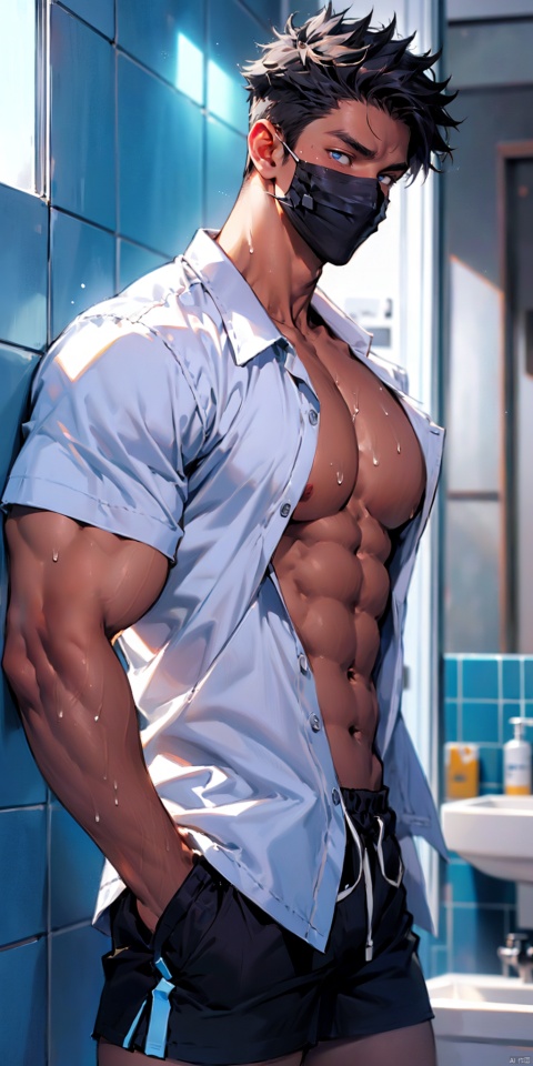  masterpiece, handsome teenager, (huge pecs), detailed eyes, solo, abs, white open shirt, collarbone, slim,(narrow waist), shorts,(obliques), muscular, bathroom, sweaty, upper body, black mouth mask, niji5