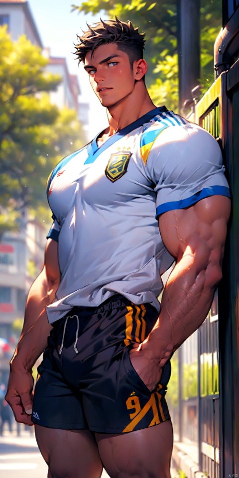 masterpiece, handsome teenager, (huge pecs), detailed eyes, solo, (abs), soccer uniform, collarbone,short hair,slim,(narrow waist),shorts,(obliques),muscular,in the playground, upper body,thick thighs,side mirror, , cozy animation scenes, niji5