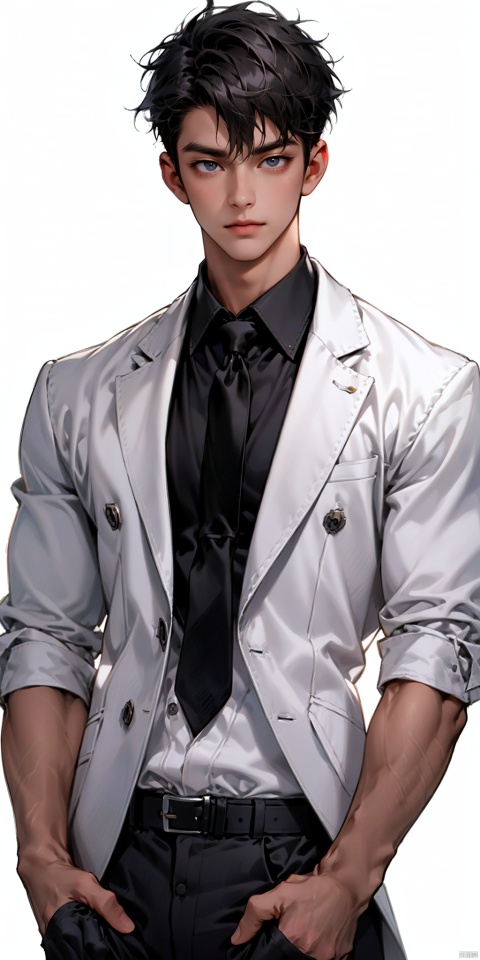 solo, looking at viewer, short hair, shirt, black hair, 1boy, white background, jacket, white shirt, upper body, male focus, collared shirt, belt, pants, black jacket, formal, suit, black necktie,muscular