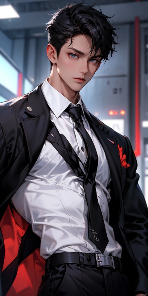 solo, looking at viewer, black hair, 1boy, jacket, white shirt, upper body, male focus, collared shirt, belt, pants, black jacket, formal, suit, white necktie,muscular,large pectorals