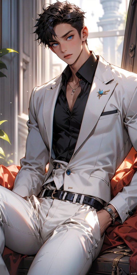 solo, looking at viewer, short hair, blue eyes, 1boy, male focus, thick arms, bara, (large pectorals),thick thighs,white dress suit, white pants,belt,low neckline,(unbuttoned), fu, niji5,sunlight, midjourney portrait,sitting