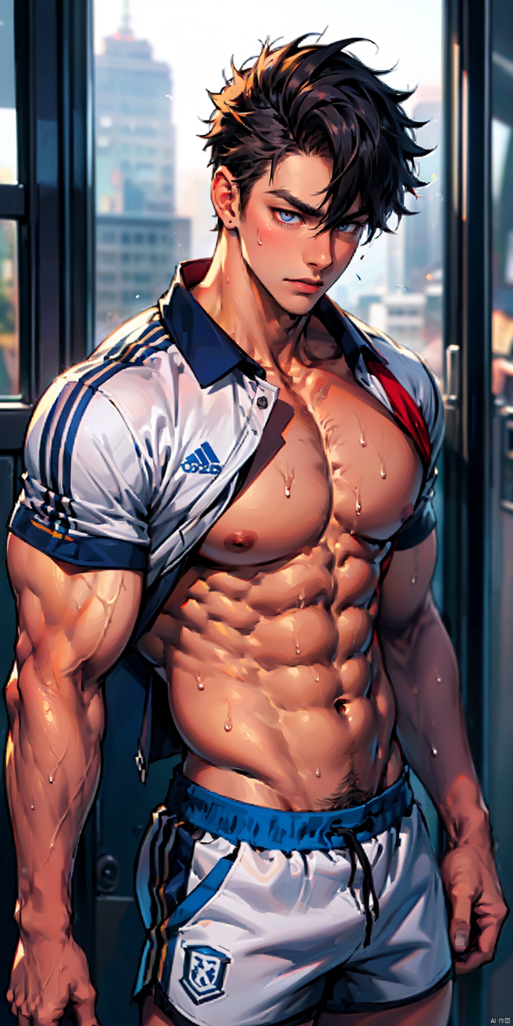  masterpiece, handsome teenager, (huge pecs), detailed eyes, solo, (abs), topless, collarbone, slim,(narrow waist), shorts,(obliques), muscular, soccer uniform, sweaty, Wriothesley, upper body,side mirror,