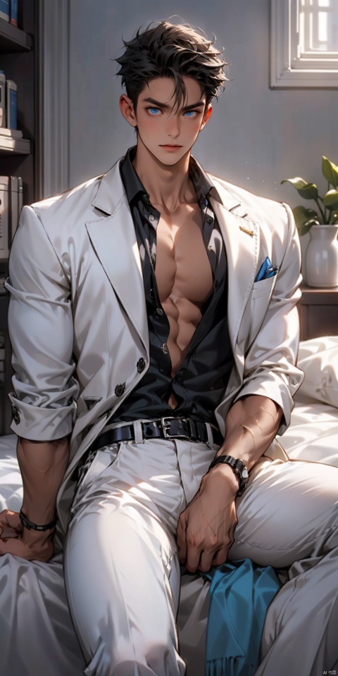 solo, looking at viewer, short hair, blue eyes, 1boy, male focus, thick arms, bara, (large pectorals),thick thighs,white dress suit, white pants,belt,low neckline,(unbuttoned), fu, niji5,sunlight, midjourney portrait,sitting on bed