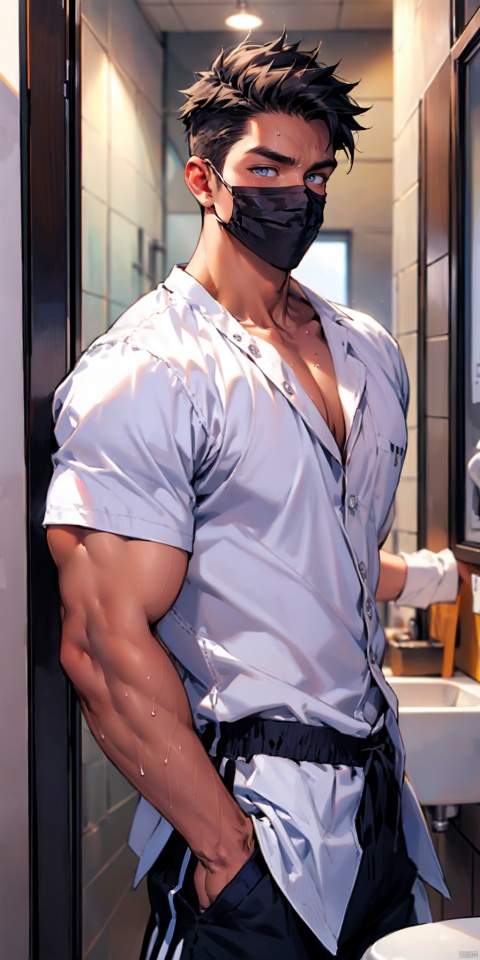  masterpiece, handsome teenager, (huge pecs), detailed eyes, solo, abs, white open shirt, collarbone, slim,(narrow waist), shorts,(obliques), muscular, bathroom, sweaty, upper body,side mirror, black mouth mask, niji5