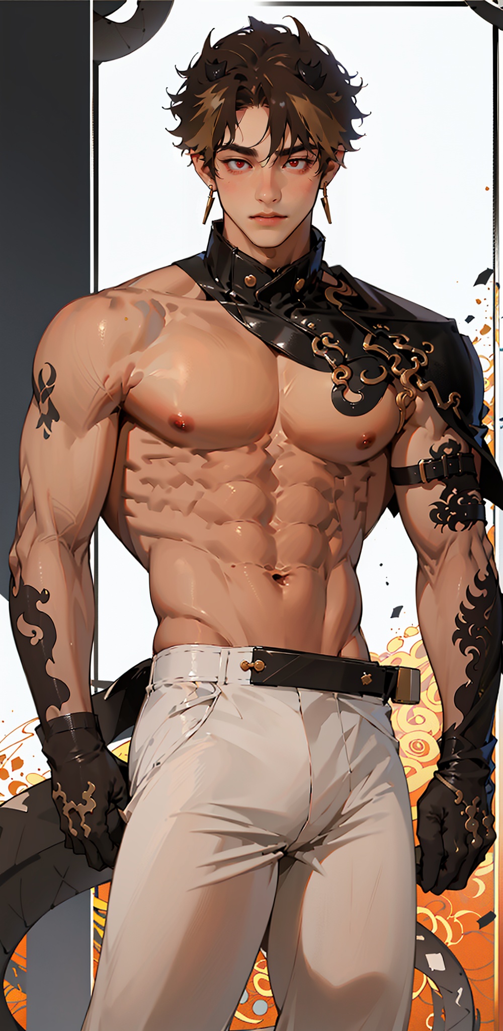 chongyue,zhongyue,earrings,red eyes,gloves,jewelry,brown hair,juvenile,  white pants,one boy, short hair,white leggings,fu,standing,(big pecs),(abdominal),detailed face,(solo),detailed eyes, Perfect features,narrow waist, thick thighs, Droop your hands naturally,no top,no clothes,(thick biceps)