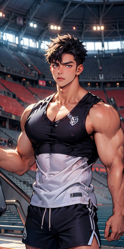  masterpiece, handsome teenager, huge pecs, detailed eyes, solo, sleeveless gym shirt,low neckline, collarbone, slim, (large pectorals), thick thighs, narrow waist,obliques, shorts,stadium, upper body, Wriothesley, niji5, fu