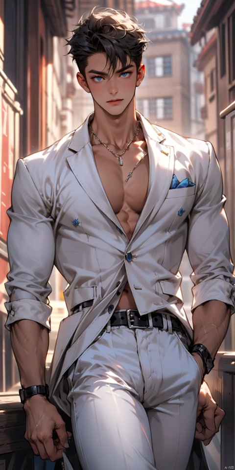 solo, looking at viewer, short hair, blue eyes, 1boy, male focus, thick arms, bara, (large pectorals),thick thighs,white dress suit, white pants,belt,low neckline,(unbuttoned), fu, niji5,sunlight, midjourney portrait