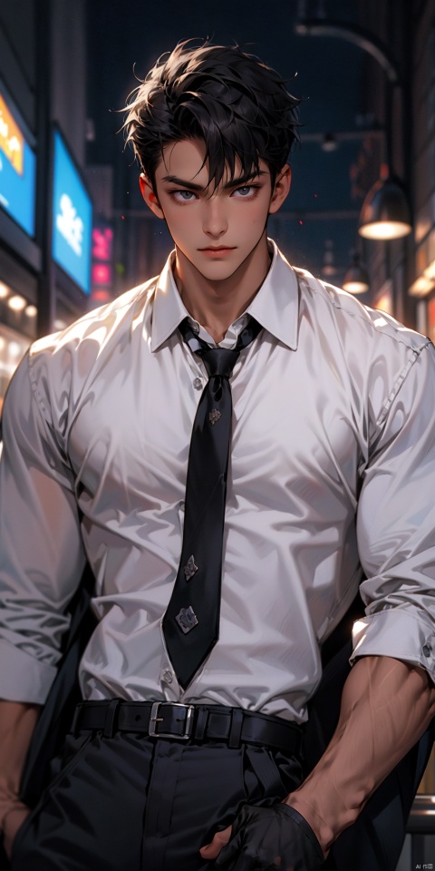 solo, looking at viewer, black hair, 1boy, jacket, white shirt, upper body, male focus, collared shirt, belt, pants, black jacket, formal, suit, white necktie,muscular,large pectorals,unbuttoned,bar