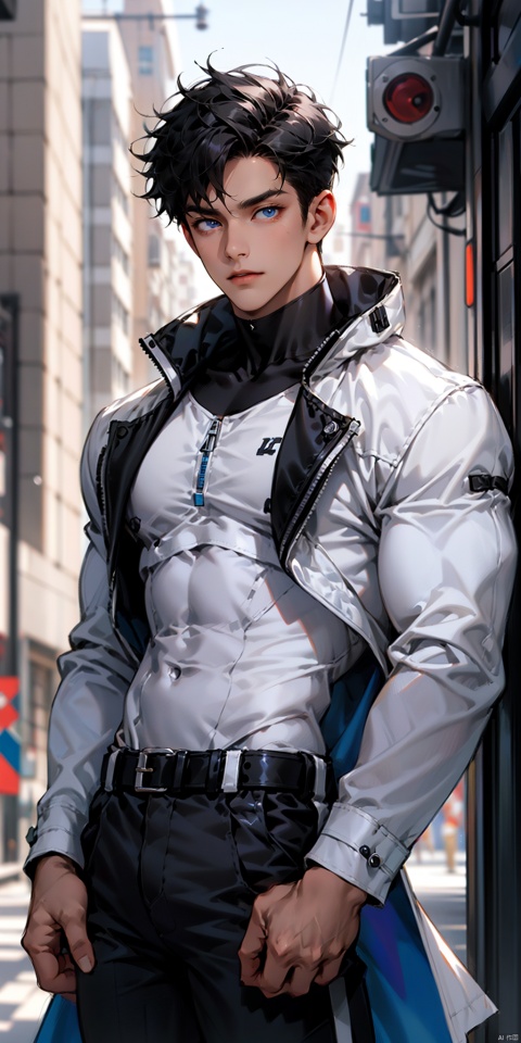 solo, looking at viewer, short hair, blue eyes, male focus, thick arms, bara, (large pectorals),obliques,white taut bodysuit, coat, black shorts,belt,low neckline, (unbuttoned), niji5,outdoors, fu