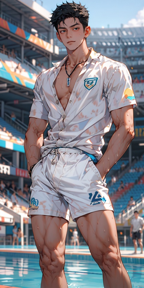  solo, looking at viewer,big eyes, black hair, 1boy, male focus, (large pectorals),thick arms, wet shirt,(unbuttoned), shorts, hands in pockets,long legs,thick thighs, sweat,soccer field, (wide hips), l(ow neckline), collarbone, sboe