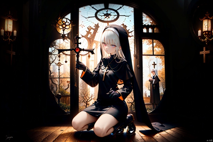  masterpiece,best quality,UHD,impossible clothes,sole_female, white hair,nun,church bell,pew,church,dark aura,dark room,black sclera,statue,praying,serious,expressionless,expressionless,slit pupils,devil pupils,black gloves,boots,one knee,f/2.8,stained glass,cryptid,no humans,fog,character signature,character watermark,gold gloves,black collar,cross choker,greek cross,crucifix,side mirror,background text, nai3, Glass flower room, midjourney, BY MOONCRYPTOWOW,HALO