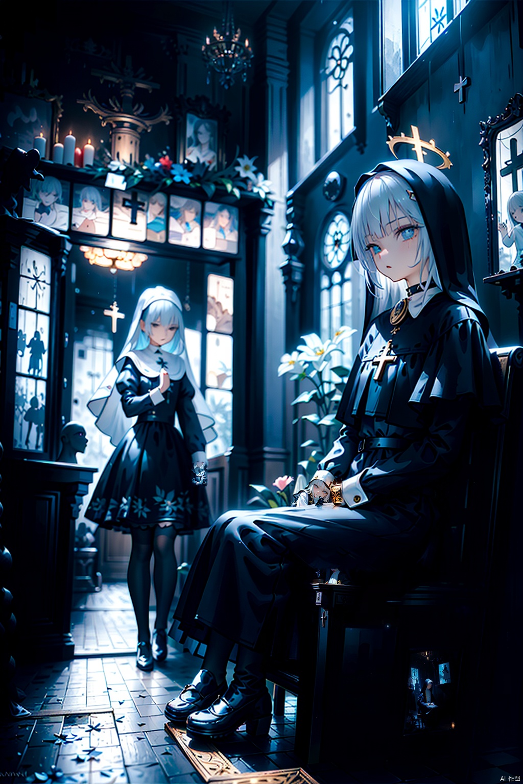  masterpiece,best quality,UHD,impossible clothes,****_female, white hair,nun,church bell,pew,church,dark aura,dark room,black sclera,statue,praying,serious,expressionless,expressionless,slit pupils,devil pupils,black gloves,boots,one knee,f/2.8,stained glass,cryptid,no humans,fog,character signature,character watermark,gold gloves,black collar,cross choker,greek cross,crucifix,side mirror,background text, nai3, Glass flower room, midjourney, BY MOONCRYPTOWOW,HALO, Tight latex clothing, ghostdom