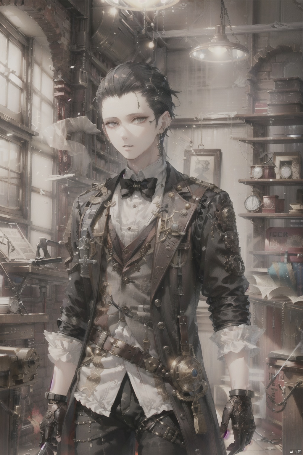  masterpiece,best quality,UHD,impossible clothes,****_male,detective,medieval, nai3, (\fan hua\), 1boy earrings,steampunk,black hair,white cardigan,white jabot,english text,fume,hair slicked back,evil,peril,grey vest,grey eyes,glowing eyes,ray tracing,fog,exhaust,beam,black windbreaker,magnifying glass,suit jacket,blazer,cane,library,leather boots,leather gloves,black belt,watch,steampunk, 1boy earrings, supersteampunk,violin,piano,medieval,steampunk
