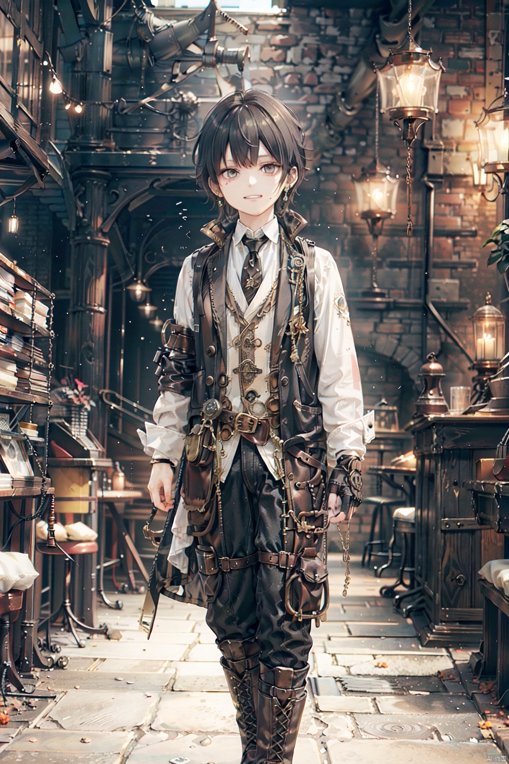  masterpiece,best quality,UHD,impossible clothes,****_male,detective,medieval, nai3, (\fan hua\), 1boy earrings,steampunk,black hair,white cardigan,white jabot,english text,fume,hair slicked back,evil,evil grin,peril,grey vest,grey eyes,glowing eyes,ray tracing,fog,exhaust,beam,black windbreaker,magnifying glass,suit jacket,blazer,cane,library,leather boots,leather gloves,black belt,watch,steampunk, 1boy earrings, supersteampunk