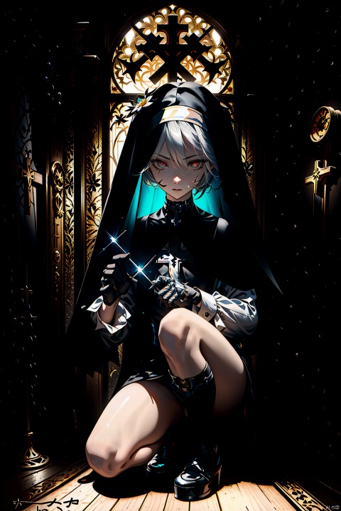  masterpiece,best quality,UHD,impossible clothes,sole_female, white hair,nun,church bell,pew,church,dark aura,dark room,black sclera,statue,praying,serious,expressionless,expressionless,slit pupils,devil pupils,black gloves,boots,one knee,f/2.8,stained glass,cryptid,no humans,fog,character signature,character watermark,gold gloves,black collar,cross choker,greek cross,crucifix,side mirror,background text, nai3, Glass flower room,