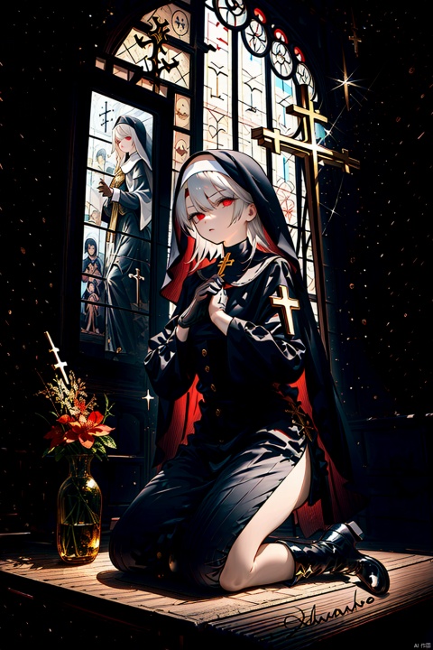  masterpiece,best quality,UHD,impossible clothes,sole_female, white hair,nun,church bell,pew,church,dark aura,dark room,black sclera,statue,praying,serious,expressionless,expressionless,slit pupils,devil pupils,black gloves,boots,one knee,f/2.8,stained glass,cryptid,no humans,fog,character signature,character watermark,gold gloves,black collar,cross choker,greek cross,crucifix,side mirror,background text, nai3, Glass flower room