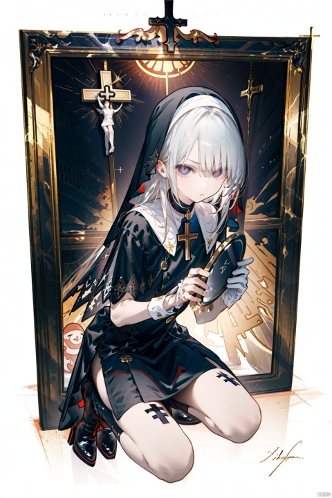  masterpiece,best quality,UHD,impossible clothes,sole_female, white hair,nun,church bell,pew,church,dark aura,dark room,black sclera,statue,praying,serious,expressionless,expressionless,slit pupils,devil pupils,black gloves,boots,one knee,f/2.8,stained glass,cryptid,no humans,fog,character signature,character watermark,gold gloves,black collar,cross choker,greek cross,crucifix,side mirror,background text, nai3