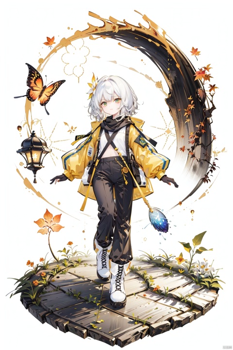  masterpiece,best quality,UHD,impossible clothes,sole_female, white hair,short hair,yellow flower,ginkgo leaf,ginkgo,falling leaves,swing set,wind lift,wind,falling leaves,sunset,girl in orange and white lightweight jacket,strolling through a carpet of autumn leaves,fallen leaves all around in autumn season,enhanced atmosphere by the setting sun,Impressionism,Golden Path,Close-up shot,dragon horns,dragon girl,Autumn Stroll,glaring,nature,boots,track pants,glowing eyes, Light-electric style,shining, ink style, nai3,falling leaves,sunset,dusk,white gloves,boots,gold pupils,glowing eyes,reflective floor,reflective water,forest,tropical,after rain,reflective water,reflective floor,glowing butterfly, no, [(white background:1.5)::5],(wide shot:0.95), midjourney