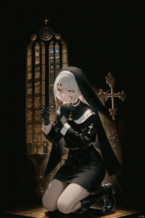  masterpiece,best quality,UHD,impossible clothes,sole_female, white hair,nun,church bell,pew,church,dark aura,dark room,black sclera,statue,praying,serious,expressionless,expressionless,slit pupils,devil pupils,black gloves,boots,one knee,f/2.8,stained glass,cryptid,no humans,fog,character signature,character watermark,gold gloves,black collar,cross choker,greek cross,crucifix,side mirror,background text, nai3, Glass flower room, midjourney, BY MOONCRYPTOWOW