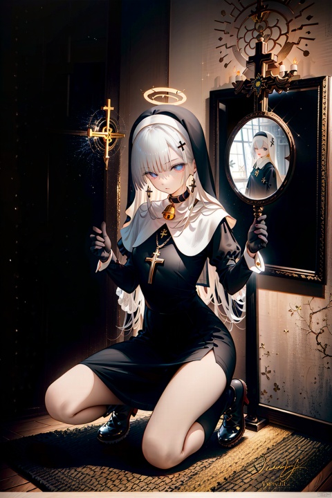  masterpiece,best quality,UHD,impossible clothes,sole_female, white hair,nun,church bell,pew,church,dark aura,dark room,black sclera,statue,praying,serious,expressionless,expressionless,slit pupils,devil pupils,black gloves,boots,one knee,f/2.8,stained glass,cryptid,no humans,fog,character signature,character watermark,gold gloves,black collar,cross choker,greek cross,crucifix,side mirror,background text, nai3, Glass flower room, midjourney, BY MOONCRYPTOWOW,HALO