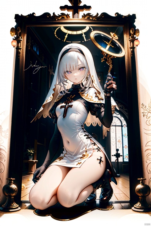  masterpiece,best quality,UHD,impossible clothes,sole_female, white hair,nun,church bell,pew,church,dark aura,dark room,black sclera,statue,praying,serious,expressionless,expressionless,slit pupils,devil pupils,black gloves,boots,one knee,f/2.8,stained glass,cryptid,no humans,fog,character signature,character watermark,gold gloves,black collar,cross choker,greek cross,crucifix,side mirror,background text, nai3, Glass flower room, midjourney, BY MOONCRYPTOWOW,HALO