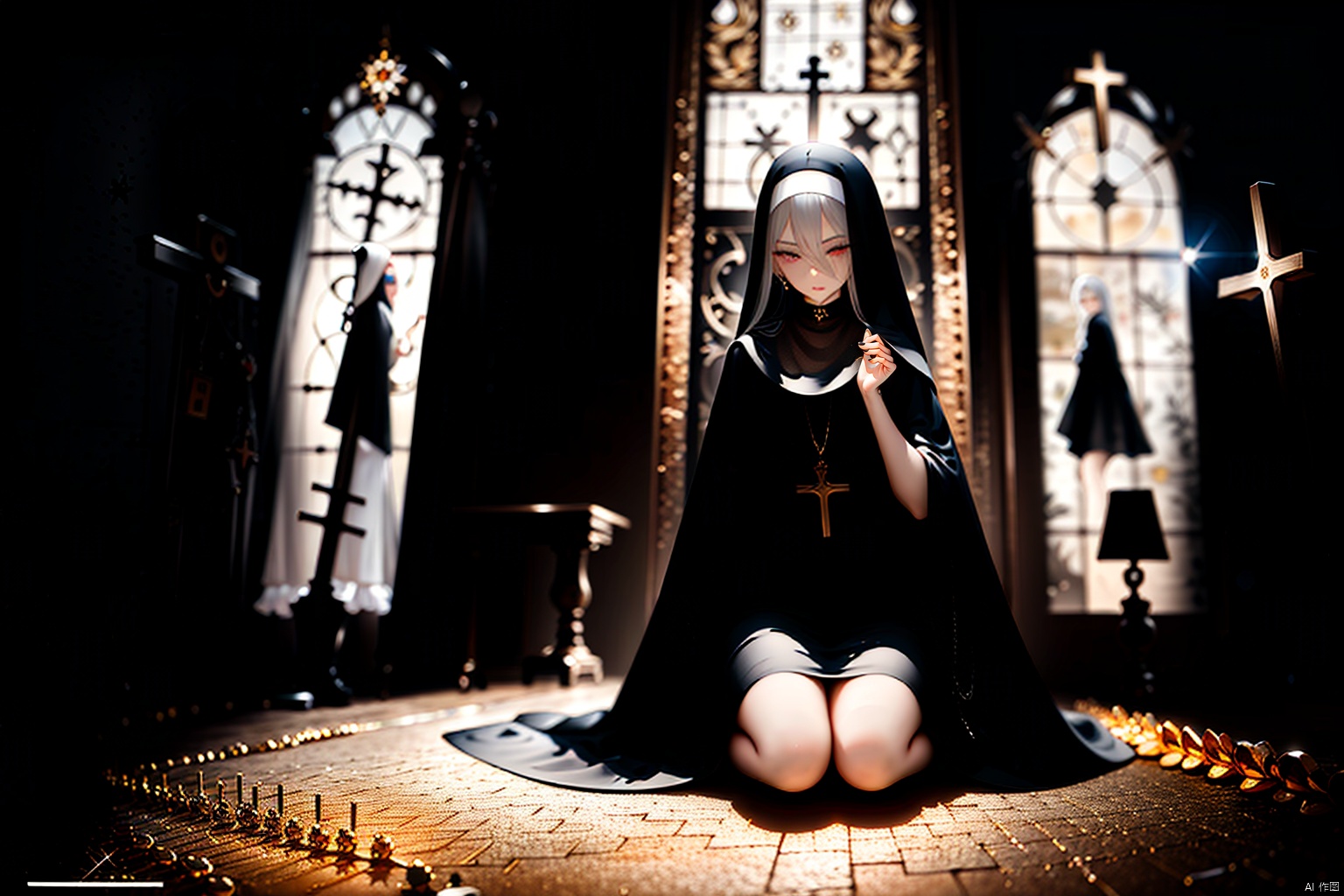  masterpiece,best quality,UHD,impossible clothes,****_female, white hair,nun,church bell,pew,church,dark aura,dark room,black sclera,statue,praying,serious,expressionless,expressionless,slit pupils,devil pupils,black gloves,boots,one knee,f/2.8,stained glass,cryptid,no humans,fog,character signature,character watermark,gold gloves,black collar,cross choker,greek cross,crucifix,side mirror,background text, nai3, Glass flower room,