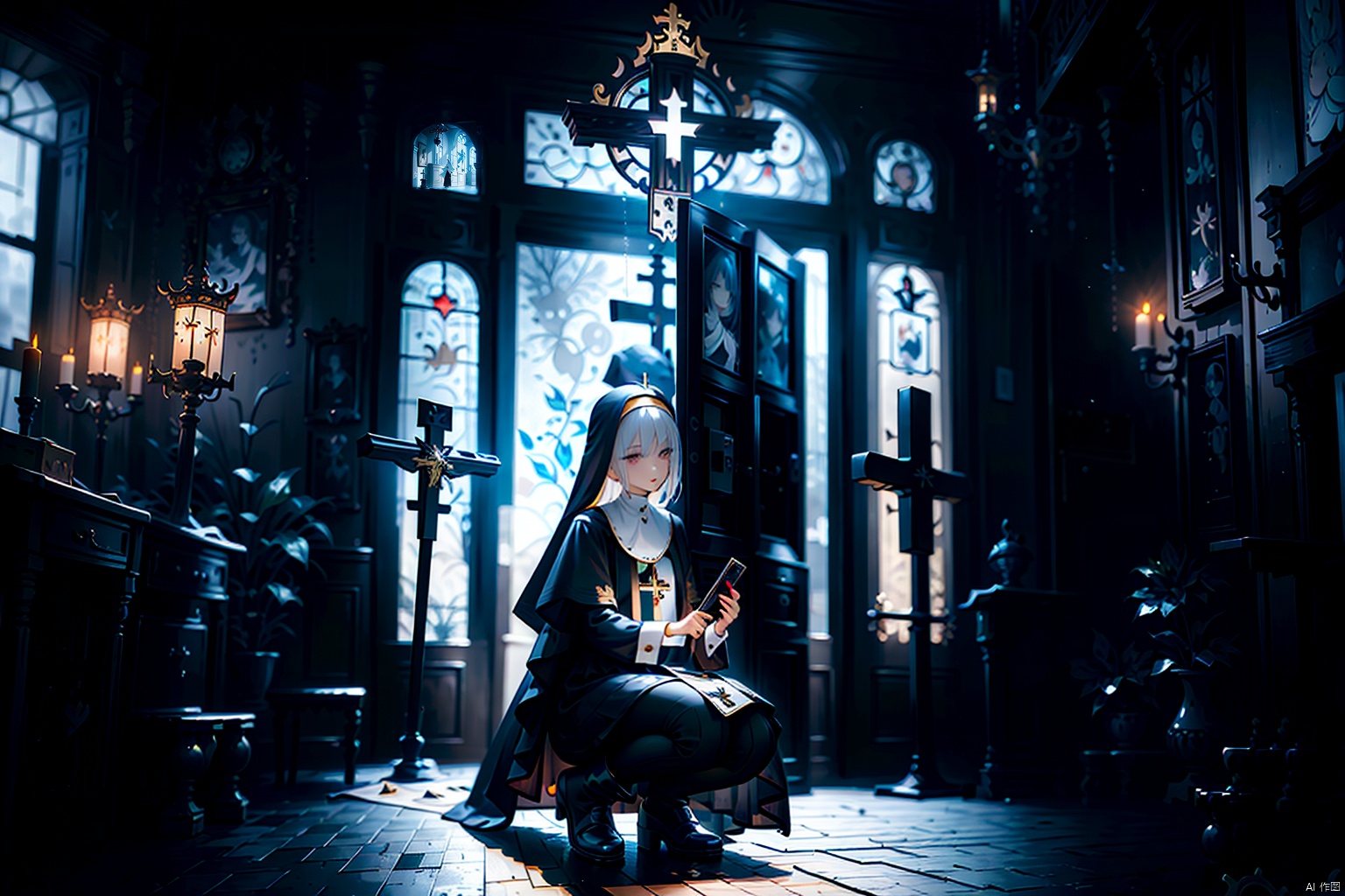  masterpiece,best quality,UHD,impossible clothes,****_female, white hair,nun,church bell,pew,church,dark aura,dark room,black sclera,statue,praying,serious,expressionless,expressionless,slit pupils,devil pupils,black gloves,boots,one knee,f/2.8,stained glass,cryptid,no humans,fog,character signature,character watermark,gold gloves,black collar,cross choker,greek cross,crucifix,side mirror,background text, nai3, Glass flower room, midjourney, BY MOONCRYPTOWOW,HALO, Tight latex clothing, ghostdom