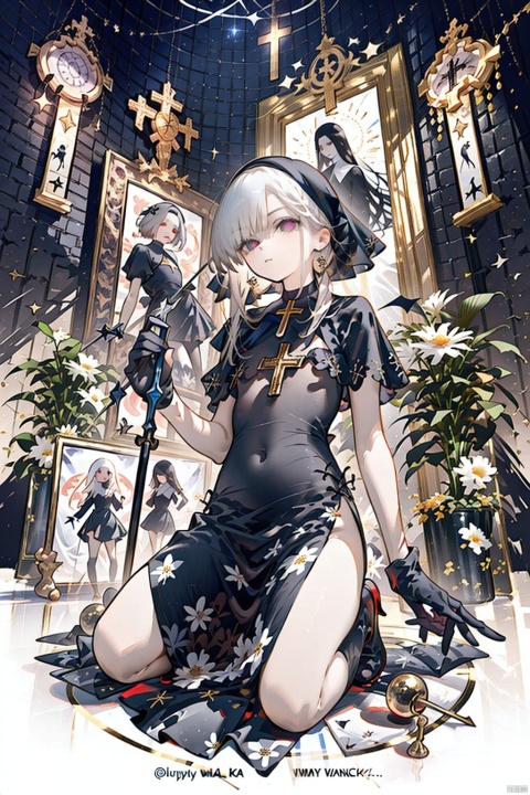  masterpiece,best quality,UHD,impossible clothes,sole_female, white hair,nun,church bell,pew,church,dark aura,dark room,black sclera,statue,praying,serious,expressionless,expressionless,slit pupils,devil pupils,black gloves,boots,one knee,f/2.8,stained glass,cryptid,no humans,fog,character signature,character watermark,gold gloves,black collar,cross choker,greek cross,crucifix,side mirror,background text, nai3, Glass flower room
